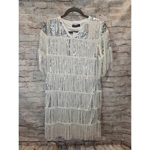 Pretty Guide Sequins Silver Dress With Fringes Short Sleeve Size 12